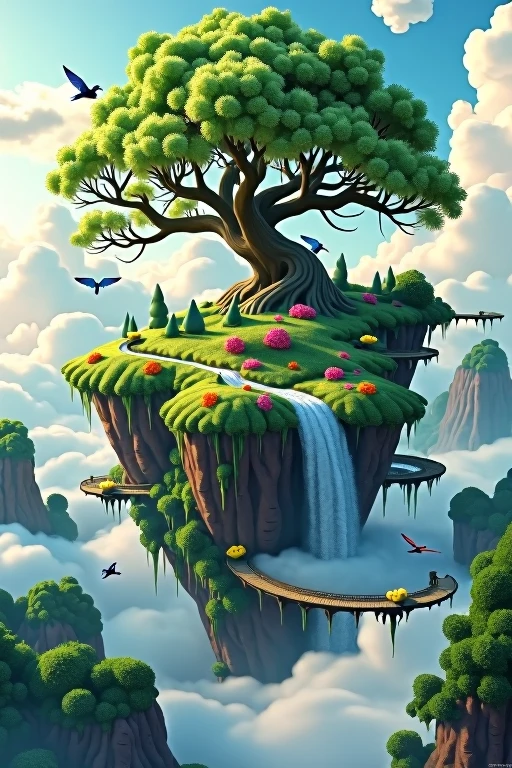 "Imagine a lush, vibrant island suspended high above the clouds, gently floating in a serene sky. The island is covered in emerald-green grass, with towering, ancient trees whose branches reach out like arms, dripping with vibrant flowers. A sparkling waterfall cascades from the edge, its waters disappearing into the clouds below. Delicate bridges of vines and wood connect smaller floating landmasses around the main island. Bright, colorful flowers dot the landscape, and exotic birds with iridescent feathers glide effortlessly through the air. The sunlight bathes the island in a warm, golden glow, casting soft shadows that dance with the movement of the trees. Wisps of mist swirl around the island, adding a touch of magic to this breathtaking sky sanctuary."