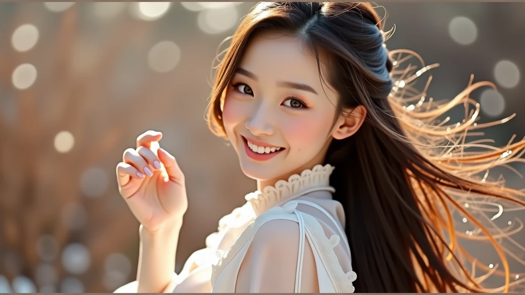 A beautiful Chinese girl of 1. White dress, long hair,A fresh and refined temperament, joyful, and healing smile.natural light, Pierre-Auguste Renoir, close-up of the face, close-up of the head, taken by a digital SLR camera, portrait, high purity color tones, unreal engine, best quality, optimal.HDR (high dynamic range), ray tracing, NVIDIA RTX, super resolution, Illusion 5, subsurface scattering, PBR texture, post-processing, anisotropic filtering, depth of field, maximum definition and sharpness, multi-layer texture, albedo and highlight map, surface coloring, accurate simulation of optical material interaction, perfect proportion, octane number rendering, two-tone lighting, large aperture, low ISO, white balance, sharpness.