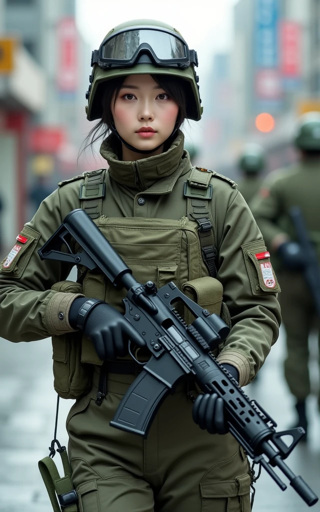 Ultra-high resolution,High-resolution details,Super sexy Korean female soldiers in camouflage uniforms,Wearing a military vest,Wearing a military helmet(1 Korean female soldier,Super beautiful,Super fair skin,Super white face)Reveal full breasts, She carries a weapon while patrolling the streets