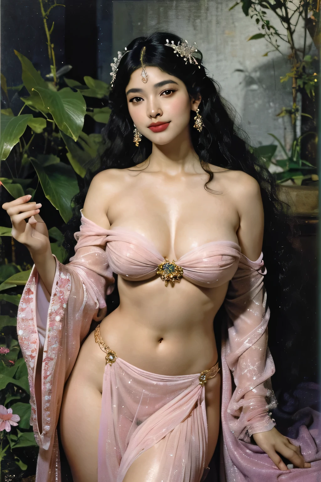 (8K resolution, very detailed, high quality, wallpaper,), (NSFW:1.2), (Photorealistic:1.2), (Sharp focus), Woman dancing happily, joy, serene expression, relaxed, gentle smile, 1girl, front view, (Japanese celestial maiden), (Japanese goddess), vibrant colors, magical atmosphere, sparkling eyes, long black hair, anime art, smiling expression, cute pose, wide field background, moonlit night, fantasy world, shining stars, goddess outfit, hair accessory, (sexy translucent outfit), (exposing outfit), comb, wavy Goddess of love and justice, peaceful and confident, with long curly hair, glittering magatama, powerful magical aura, moonlight shining down on her, shimmering details, sparkling transformation sequence, illustrated using the soft and ethereal texture of watercolors, beautiful pink skin, moonlight, captivating eyes, dreamy curly hair, thick clouds in the background, ultra detailed, detailed, (masterpiece), high fashion, lavish, extravagant, stylish, (seductive, sexy, erotic,), opulence, elegance, stunning beauty, professional, high contrast, detailed, dreamy and whimsical scene with elements that seem to blend with the background,