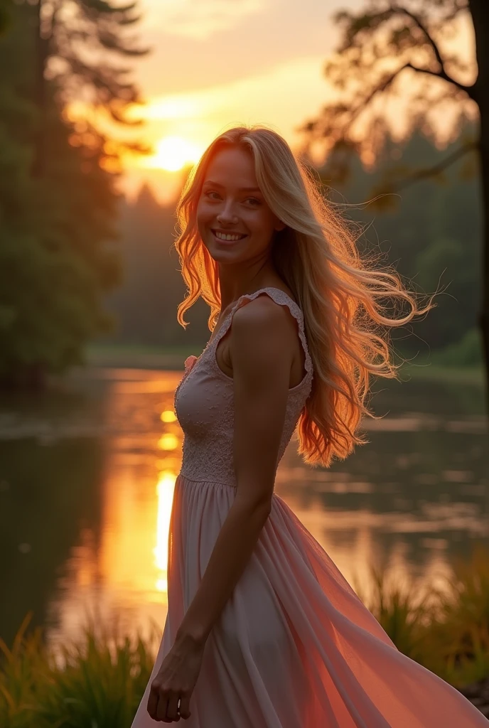 (High pitched sound:1.2),Portrait,Latin Women, 30 years,long blonde hair,Hazelnut eyes,smile,Walking in a forest with a lake,During a beautiful sunset,soft light,Serene atmosphere,nature,The Tree of Merit,A delicate breeze,Lush greenery,The calm water surface,The night sky has warm tones of orange and pink.,A calm reflection in the lake,Long flowy dress,graceful movement,Fun expression,The delicate details of the face,Fine hair sways gently,The gentle touch of sunlight on your skin,harmonious composition of nature and beauty