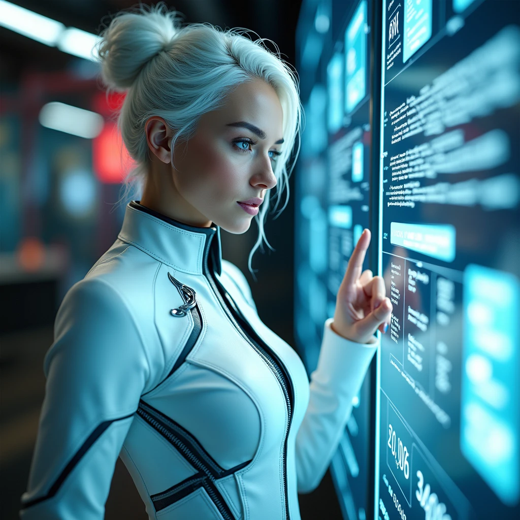 A white-haired woman, in a cyberpunk world. with her hair up in a bun with some loose hairs. You are looking at a holographic screen.
Dressed in a white fitted suit with black details. 

