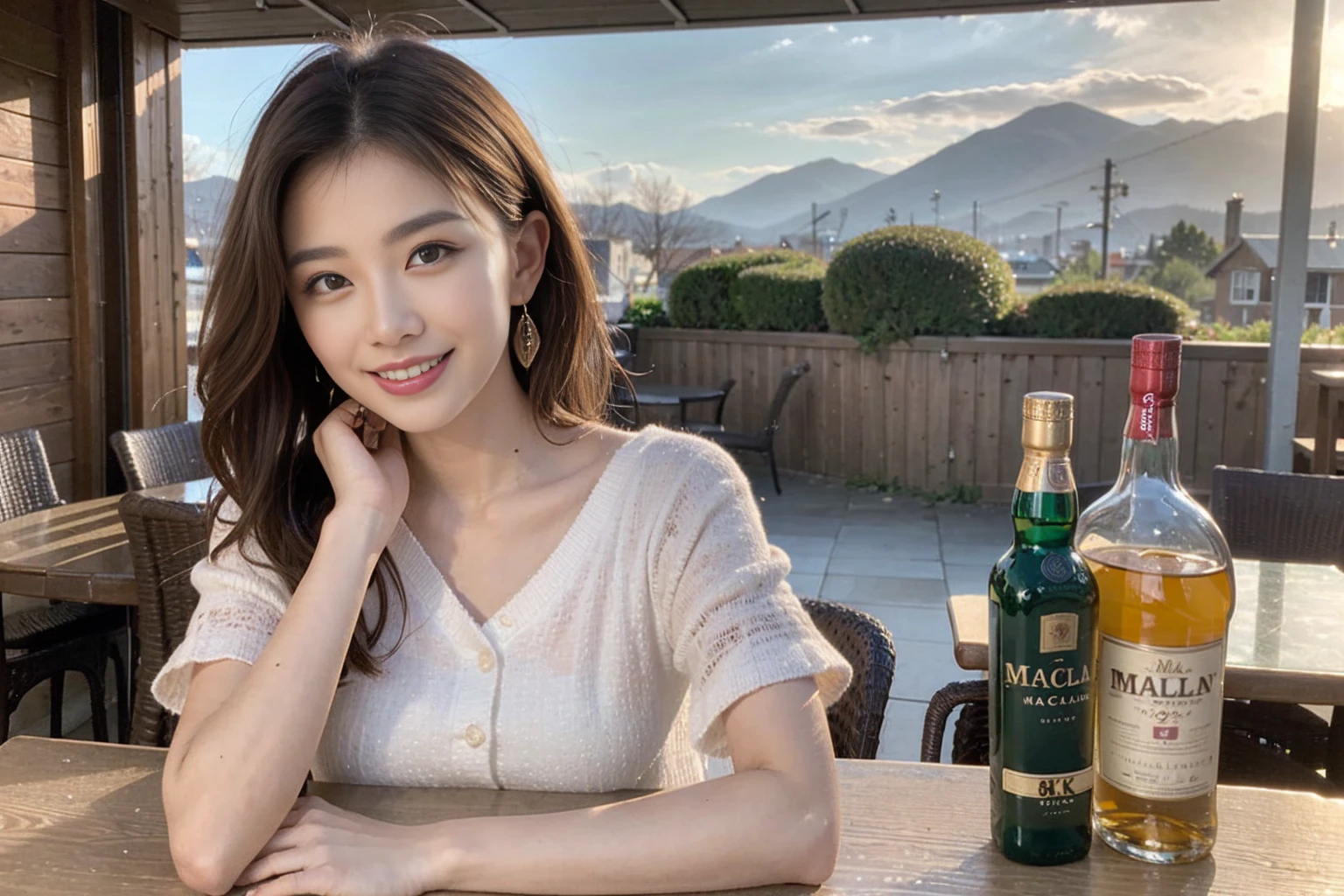 ((Highest quality、8k、masterpiece:1.3))、Whiskey bottles、The Macallan、Joni Black、Old Parr、whiskey、Suntory、Nikka、Slim Couple、modelカップル、(Realistic, Intricate details:1.2), full-course dinner、Whiskey bottle and glass on the table、Single Malt、scotch、Rocks glass、Shot Glass、On the rock、Scotland、Amazing view of the sunset sky and clouds、A bright smile、Short sleeve shirt、dress、 (Age 37), 3,Two beauties、Brown Hair、Shortcuts、 actress, model, Upper Body,