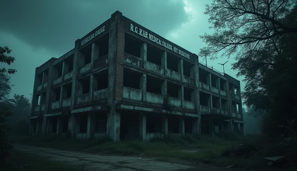 Made a medical college of india and the name of college is 'R G Kar Medical College'. The image is some horror and no any people in the image. Top of the college, a poster hanged because it show the name of college " R G Kar Medical College, Kolkata ". College made of building