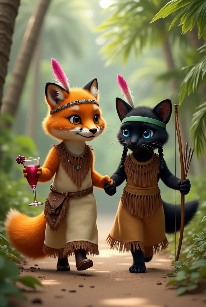 Realistic photography. An anthropomorphic orange furry fox with floor length orange hair. Fox in a beige linen floor-length dress with brown fringe along the seams of the dress. floor-length dress. The fox has a headband of pink feathers in Indian style. A fox holds a sling with a grape cocktail in its paw. The fox is being held by the paw by an anthropomorphic black panther with blue eyes,wild cat panther with a long tail of a real panther. Panther in a brown floor-length dress with a brown belt with tassels. The panther has a hairstyle of two long ponytails of black hair reaching the floor.. The panther has a green Indian-style feather headband on his head.. The panther holds a small bow and arrow in its paw.. A fox and a panther are walking through a palm forest and playing Indians. They are both short.. Both are beautiful. They are . Realistic photography

