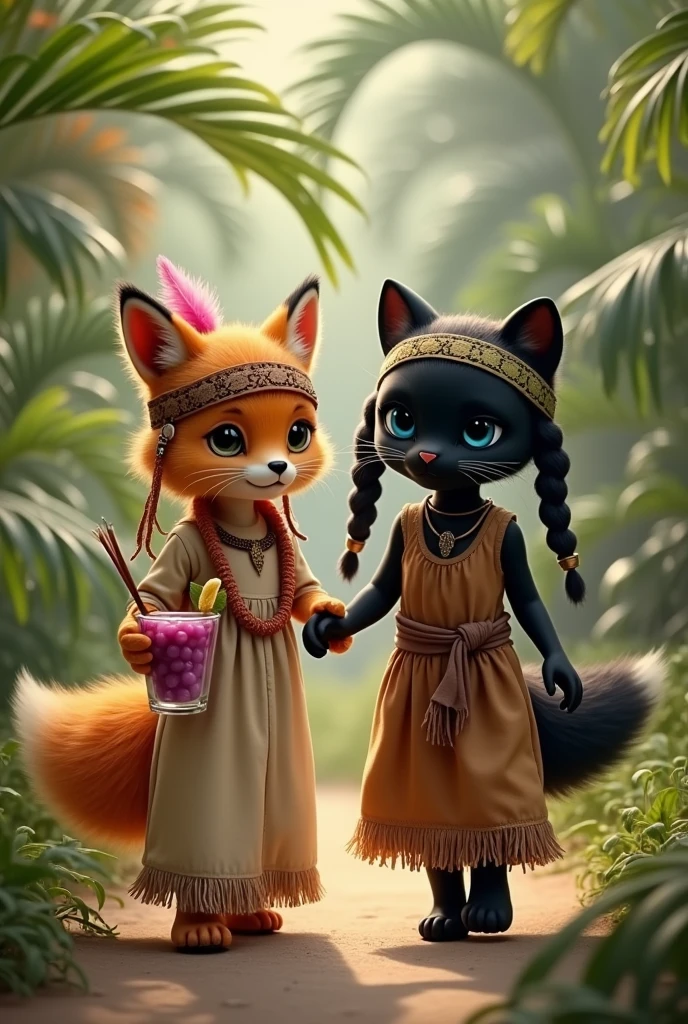 Realistic photography. An anthropomorphic orange furry fox with floor length orange hair. Fox in a beige linen floor-length dress with brown fringe along the seams of the dress. floor-length dress. The fox has a headband of pink feathers in Indian style. A fox holds a sling with a grape cocktail in its paw. The fox is being held by the paw by an anthropomorphic black panther with blue eyes,wild cat panther with a long tail of a real panther. Panther in a brown floor-length dress with a brown belt with tassels. The panther has a hairstyle of two long ponytails of black hair reaching the floor.. The panther has a green Indian-style feather headband on his head.. The panther holds a small bow and arrow in its paw.. A fox and a panther are walking through a palm forest and playing Indians. They are both short.. Both are beautiful. They are children. Realistic photography

