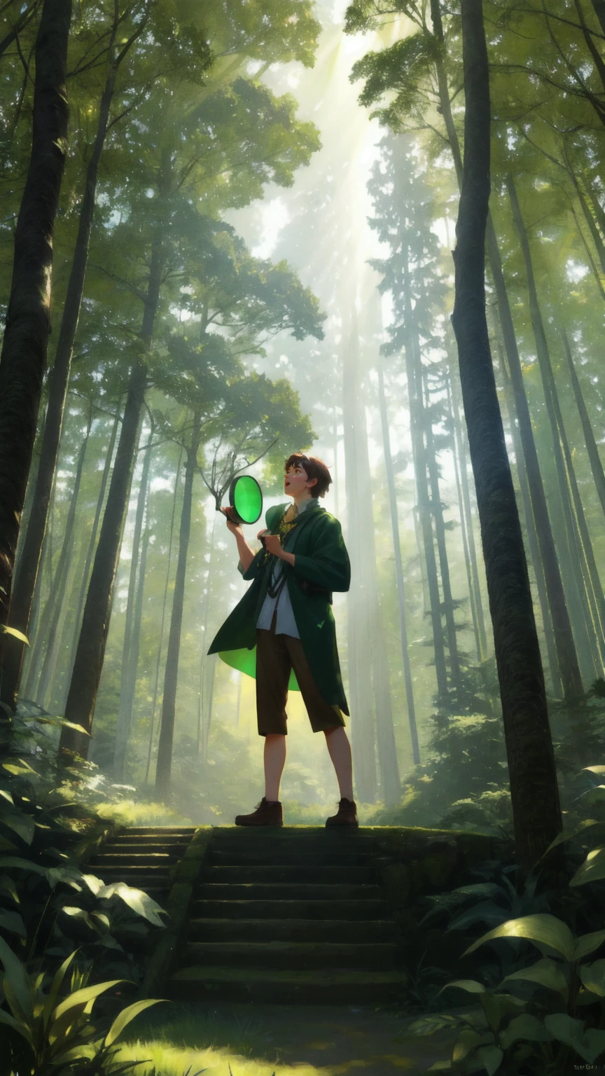 A whimsical scene showing a quirky wooden character with exaggerated, expressive features, standing on a podium surrounded by dense green foliage. The character is energetically holding up a megaphone, shouting with great enthusiasm. Above it, a playful, carved wooden banner displays the text "Announcement of Announcement," with decorative wooden planks and leaves intertwined around the letters. The background is filled with vibrant shades of green, with rays of sunlight filtering through tall trees, creating a natural, theatrical atmosphere. The scene conveys the anticipation and excitement of an important, yet comically redundant, announcement in a magical forest setting.