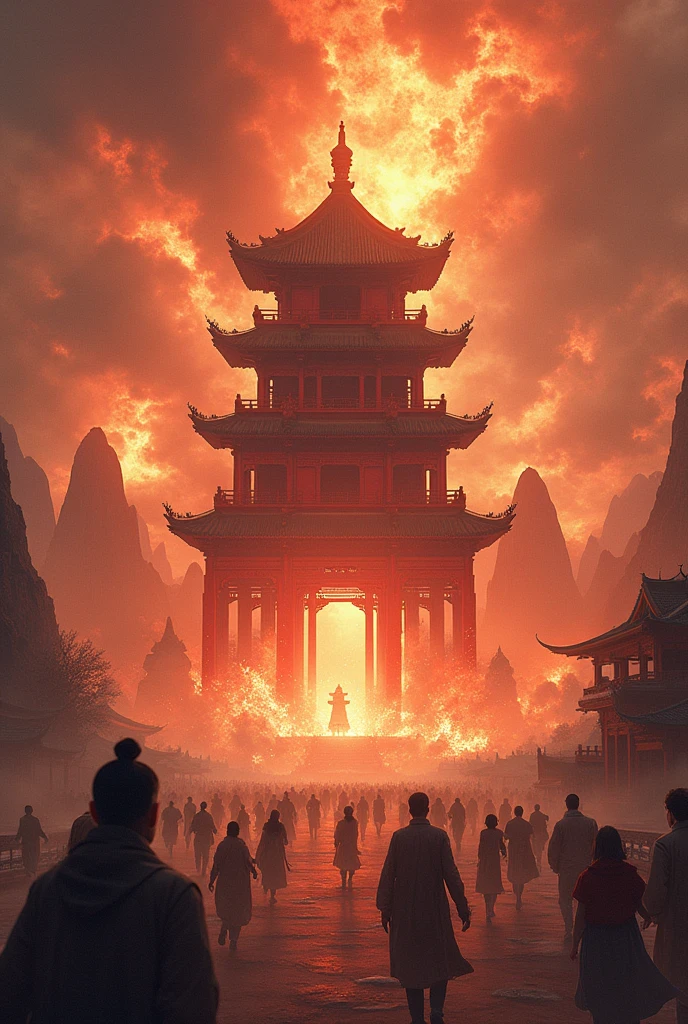 Arafad landscape,Chinese tower,A lot of people, An ancient city consumed by fire, author:Yang Jian, g liulian art style, by Shitao, Beautiful renderings of the Tang Dynasty, Pan Chengwei on artstation, 2. 5D CGI Anime Fantasy Artwork, by Li Zai, Japanese traditional concept art, by Qu Leilei