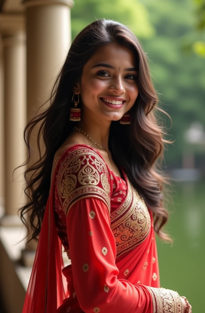 Certainly! Here’s a prompt you can use to generate a photo:
"Create an image of a beautiful Indian girl with a warm and radiant smile. She should have long, flowing dark hair and be dressed in a traditional, elegant outfit such as a saree or lehenga with intricate embroidery. The background can be a serene, picturesque setting, such as a lush garden or a classic Indian architectural backdrop."