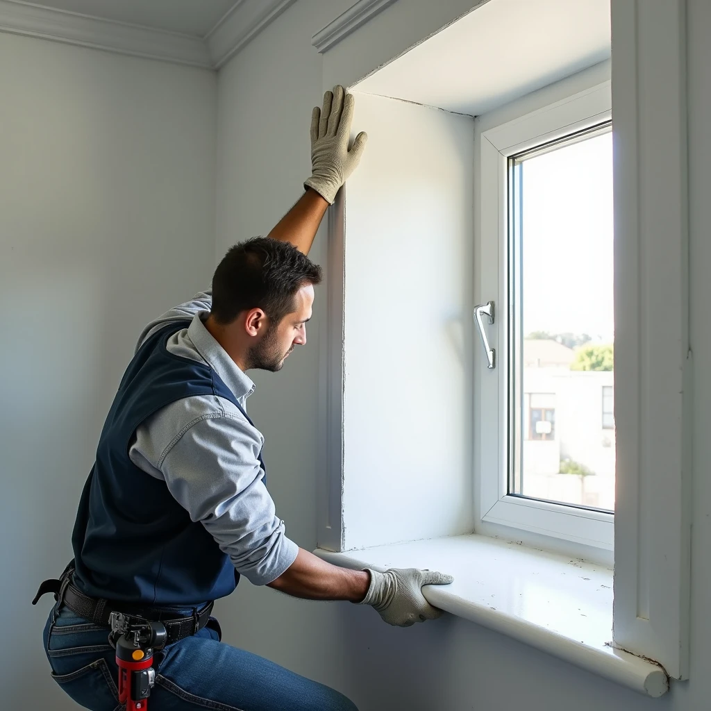 A professional and realistic image depicting the finishing process of window slopes (reveals) in a modern interior. The image shows a skilled technician carefully installing and smoothing the finishing materials around the window, creating clean and sharp edges. The window slopes are perfectly aligned and match the surrounding wall, enhancing the overall appearance of the window. The scene is well-lit, with a focus on the precision and craftsmanship involved in the finishing process. The environment is clean, highlighting the quality and professionalism of the window installation and maintenance services.