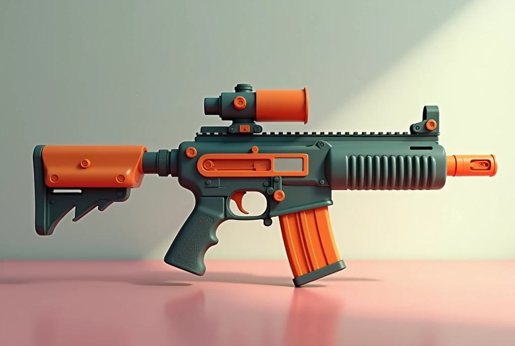 Mini double water gun toy,Integrated rifle mount,Q version,Cute pattern on the surface,Transparent magazine and scope recessed,(Similar structure to AK47),(Double muzzle:1.3),Smooth lines,Plastic material,Three-color Morandi color matching,high quality,Professional Product Photography,Table background,3d, OC Rendering,8K,