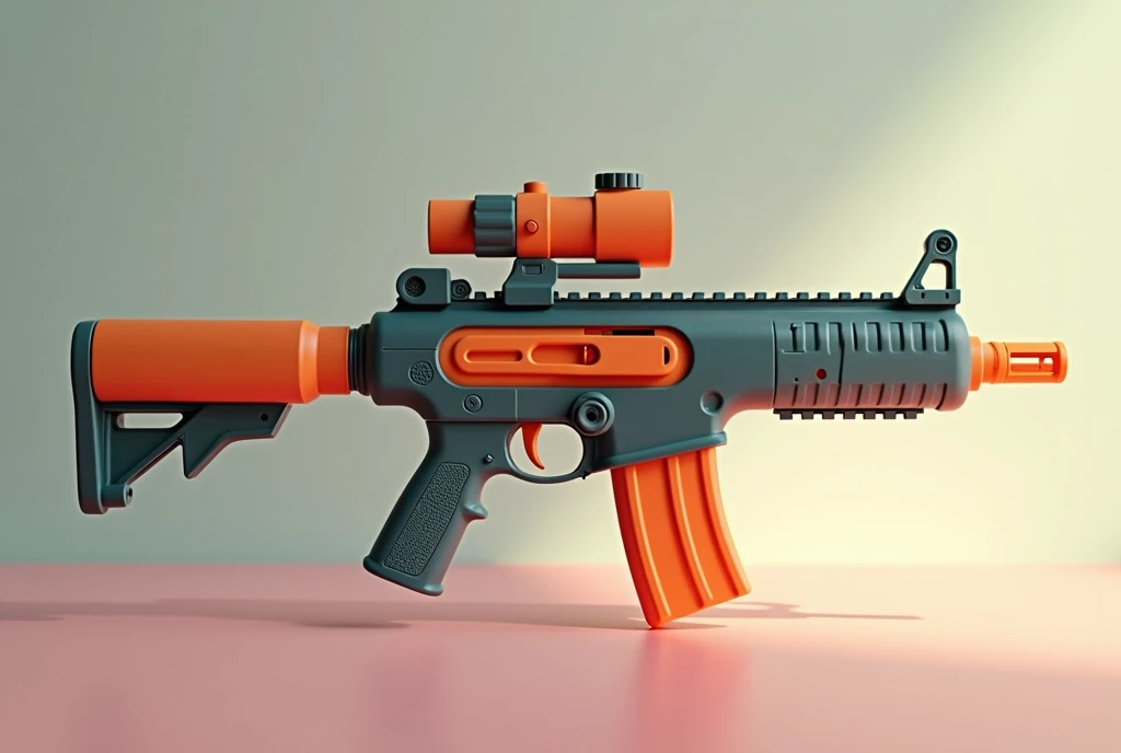 Mini double water gun toy，Integrated rifle mount，Q version，Cute pattern on the surface，Transparent magazine and scope recessed，(Similar structure to AK47)，(Double muzzle:1.3)，Smooth lines，Plastic material，Three-color Morandi color matching，high quality，Professional Product Photography，Table background，3d, OC Rendering，8K，