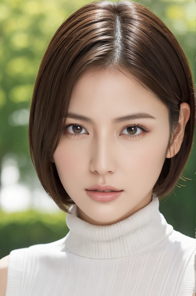 Highest quality, Tabletop, 8k, Best image quality, Award-winning works, One beautiful woman, Age 25, alone, Perfect beautiful composition, Large Breasts, Tight knit for a snug fit, Accentuate your body lines, Very short hair, The perfect turtleneck, sleeveless, and light knit sweater, View your audience, Strongly blurred accurate park background, Standing Elegantly, Droopy eyes, Natural Makeup, Ultra-high resolution beauty face, Ultra HD Hair, Ultra-high resolution sparkling eyes, Ultra-high resolutionの完璧な歯, Ultra-high resolution, Shiny, Beautiful Skin, Super high quality glossy lip, Accurate anatomy