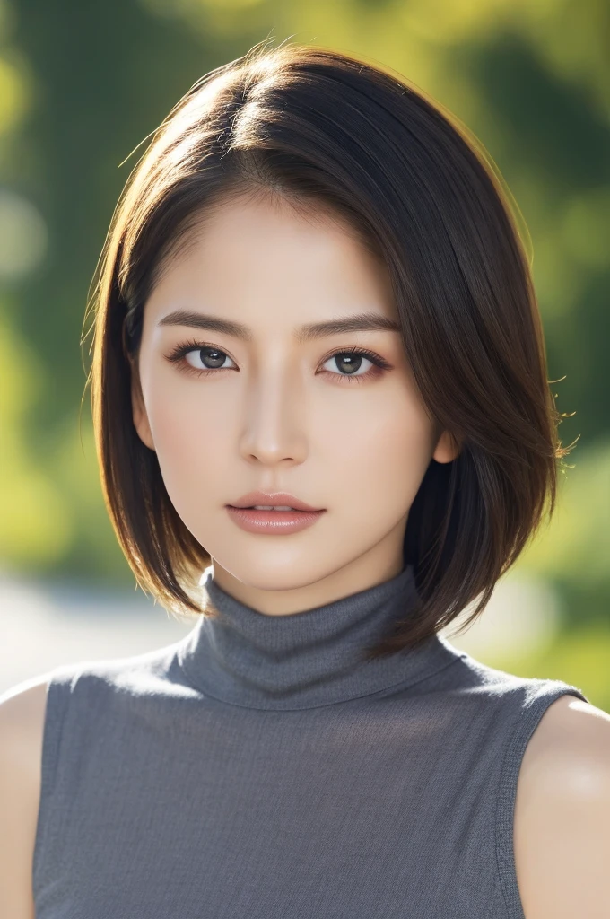 Highest quality, Tabletop, 8k, Best image quality, Award-winning works, One beautiful woman, Age 25, alone, Perfect beautiful composition, Large Breasts, Tight knit for a snug fit, Accentuate your body lines, Very short hair, The perfect turtleneck, sleeveless, and light knit sweater, View your audience, Strongly blurred accurate park background, Standing Elegantly, Droopy eyes, Natural Makeup, Ultra-high resolution beauty face, Ultra HD Hair, Ultra-high resolution sparkling eyes, Ultra-high resolutionの完璧な歯, Ultra-high resolution, Shiny, Beautiful Skin, Super high quality glossy lip, Accurate anatomy