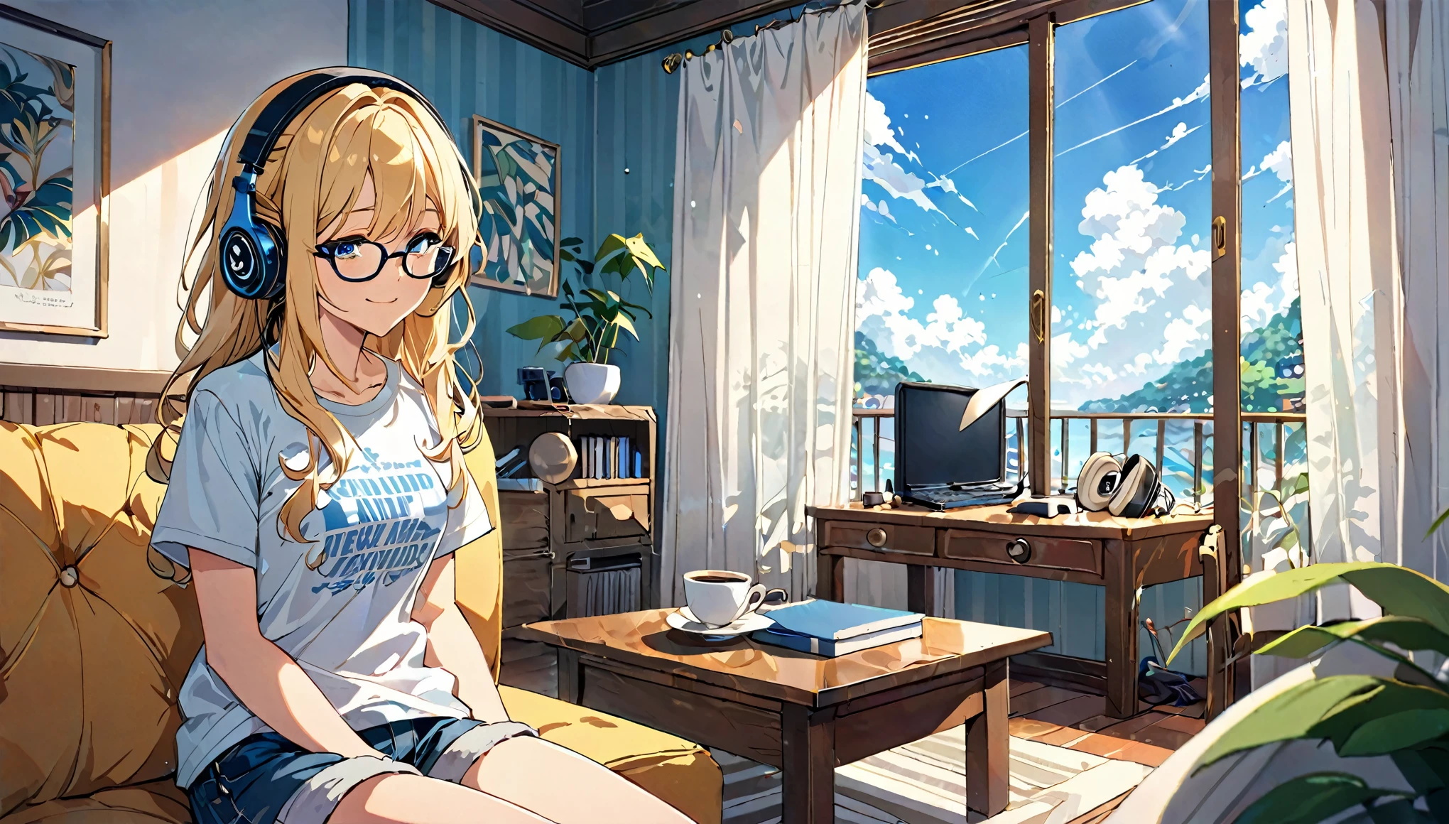 (Blonde and bespectacled woman)、(Listening to background music with headphones in a bedroom with a beautiful view of the blue sky)、(sitting on the sofa drinking coffee)、(Extremely detailed、masterpiece、Highest quality、bright)、(Anime Style)
background:A gentle breeze rustles the curtains in this room:Calm eyes closed、look at the blue sky、Relaxed facial expression:On a T-shirt、Denim shorts、:Sitting cross-legged、Listening to music through headphones、Pleasant background music plays