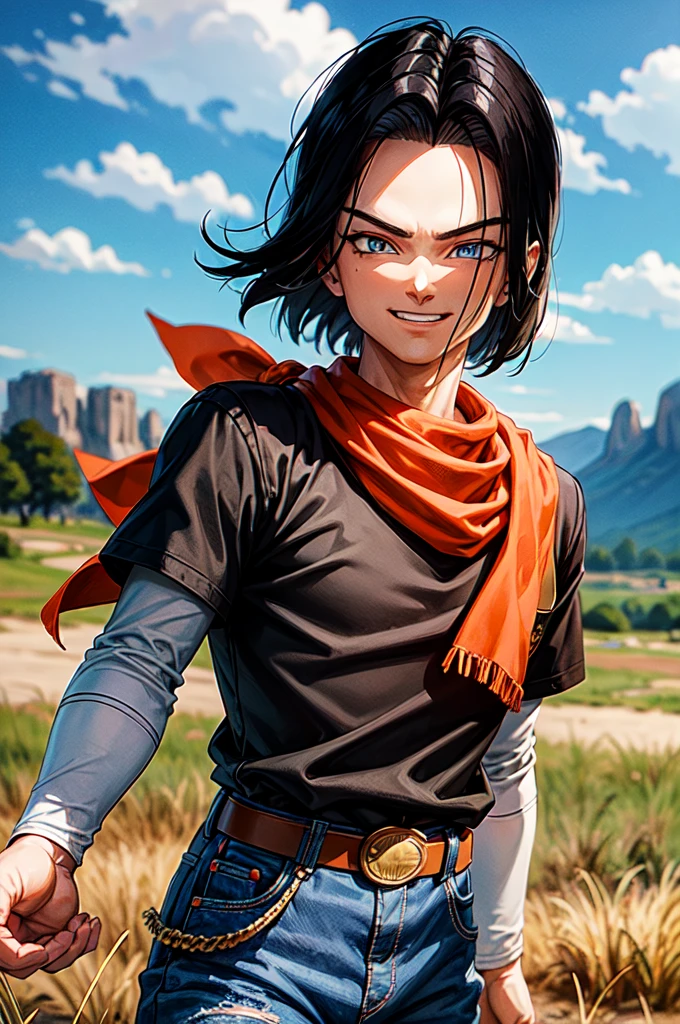 (8k, best quality, masterpiece:1.2),blue sky,rocky grassfields,1boy,android , (black shirt), orange bandana, jeans,brown belt,layered shirt,white sleeves,black hair, blue eyes, parted hair,red patch, short hair,upper body, evil smile, looking at viewer