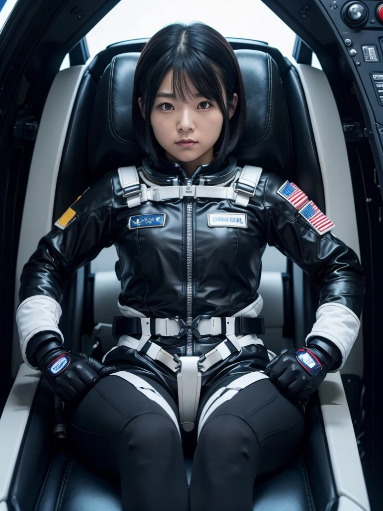 Japanese female astronaut,Black Hair,The spaceship's cockpit,Fully secured in the seat by a harness,A tight-fitting space suit,On life support,Plump,Slightly thicker