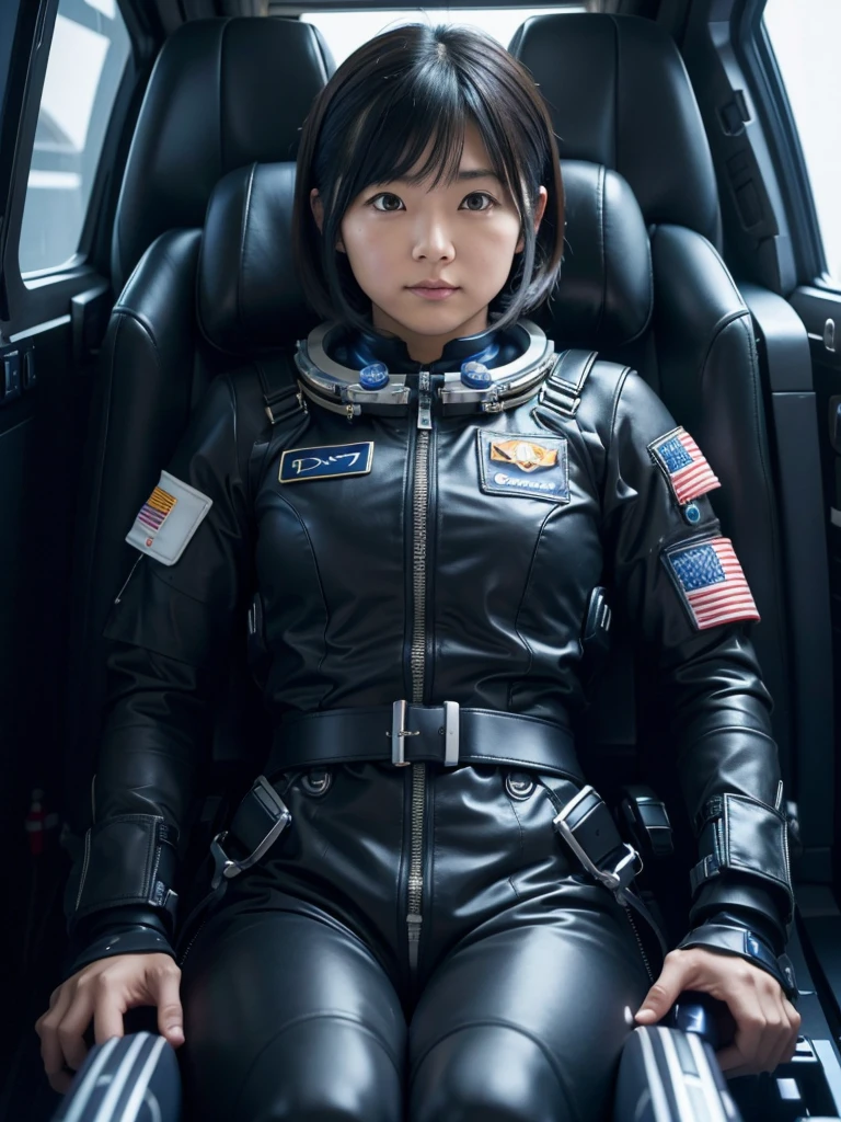 Japanese female astronaut,Black Hair,The spaceship's cockpit,Fully secured in the seat by a harness,A tight-fitting space suit,On life support,Plump,Slightly thicker