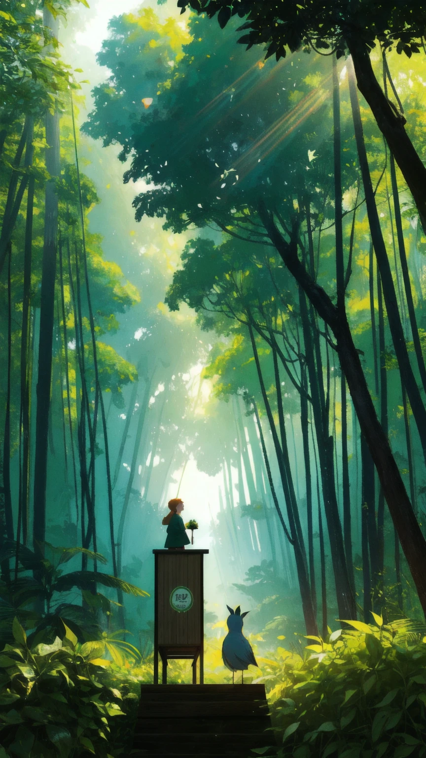A humorous and lively illustration of a wooden figure character standing amidst a green jungle environment. The character is on a raised platform made of wooden planks, with a loudspeaker in one hand and the other raised as if making a grand announcement. Behind it, a large, exaggerated wooden billboard with "Announcement of Announcement" boldly engraved and surrounded by creeping vines and colorful flowers. Birds and small animals peek out from the surrounding greenery, adding a sense of nature's curiosity. The background is a deep, lush green, with light breaking through the canopy, creating a comedic, yet grandiose feel of a forest press conference.