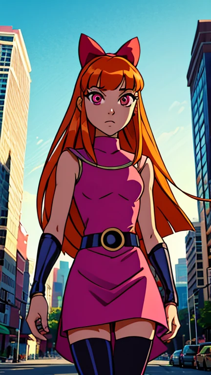 (Teens:1girl: blossom), (extremely detailed CG unit 8k wallpaper),(master part), (best quality), (ultra detail), (best illustration),(city scene), cowboy shot, (Sharp eyeliner, ombre, detailed eyes:1), landscape, building, outdoor, ,break , (TeenTitans), upper body, orange hair, long hair, blunt bangs, pink eyes)
(bow, dress, belt, thighhighs,