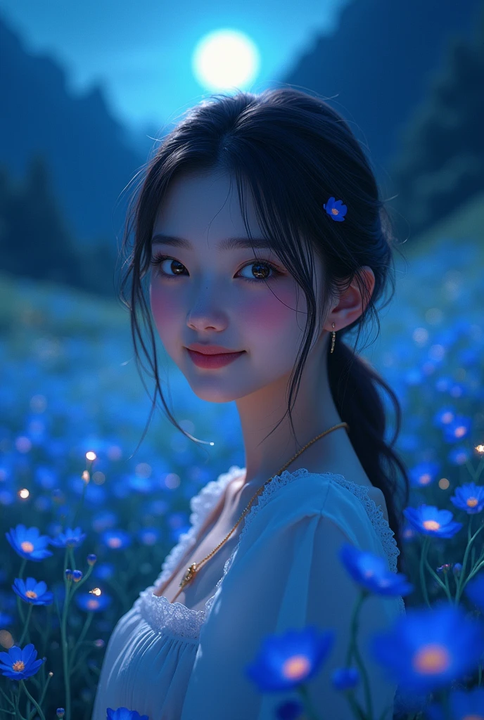 A beautiful girl living in a village area in a valley with lots of blue flowers in valley.It looks so beautiful smile.And eyes looks many mesmerising for anyone In the light of blue moon With lines.
And fireflies