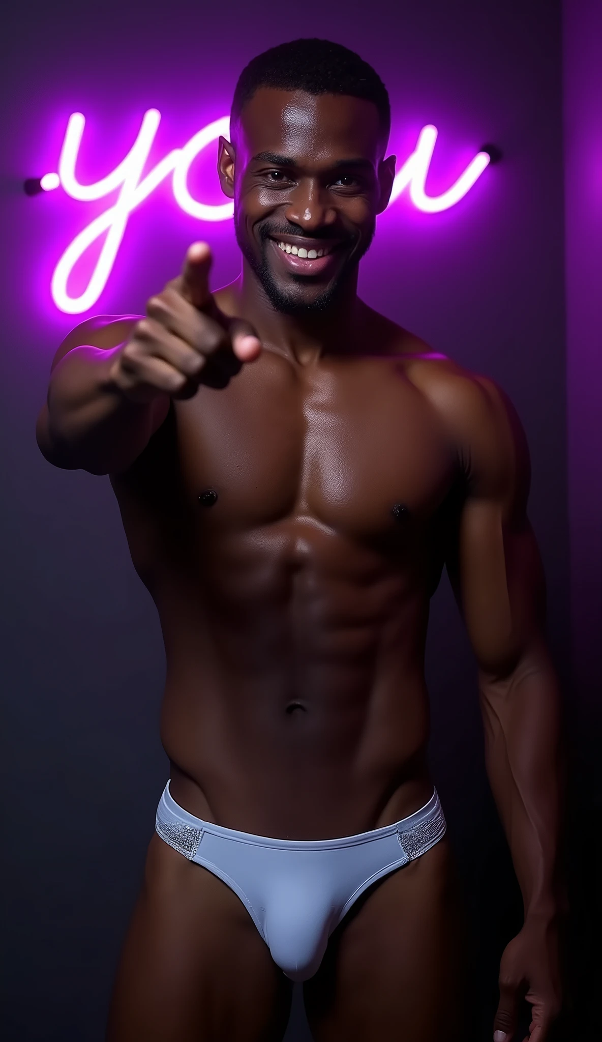 nsfw, gay, homoerotic, best quality, masterpiece, hyper realistic, extremely detailed, "you" text in purple neon lights in the background, huge bulge in extremely tiny white gstring pouch, extremely handsome african man, smile, pointing finger towards camera, half body, fill frame, dark cinematic lighting, extremely dramatic shadows, no background, perfect face, perfection, no signature, no logo