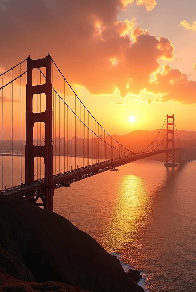 The Golden gate birge, in the background, the city of San Francisco, at sunset