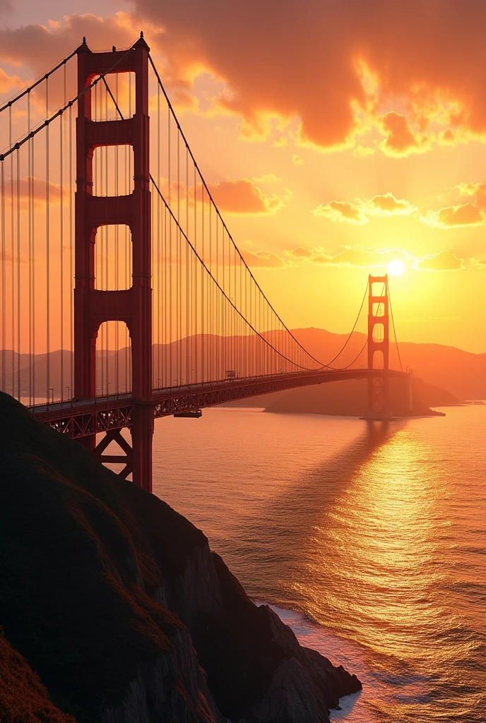 The Golden gate birge, in the background, the city of San Francisco, at sunset