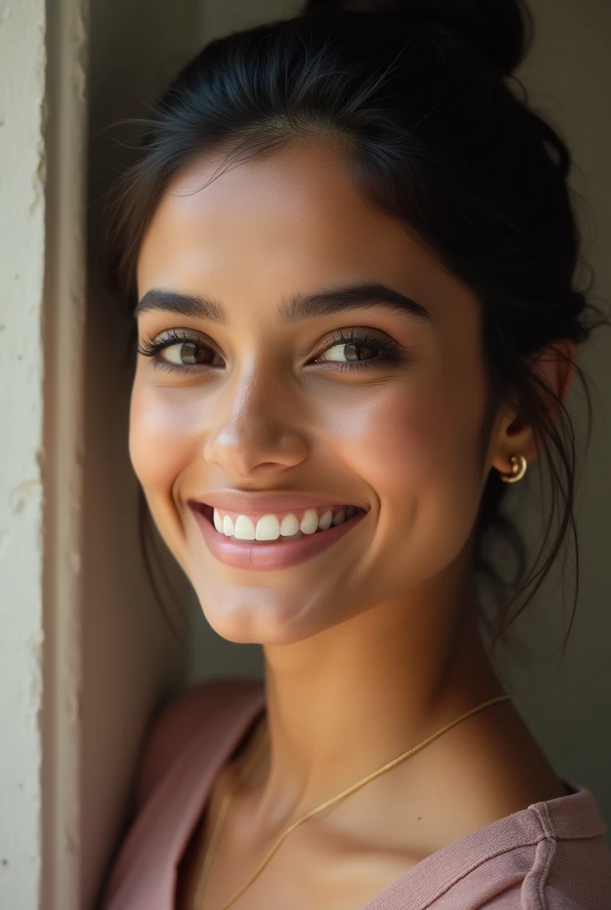 There is a young, Beautiful indian woman, who looks to the future like Katrina Kaif. Smiles into the camera, beautiful teeth. She stands there and looks into the camera, a portrait from raw photo, (bun hairstyle), ((without necklace))
