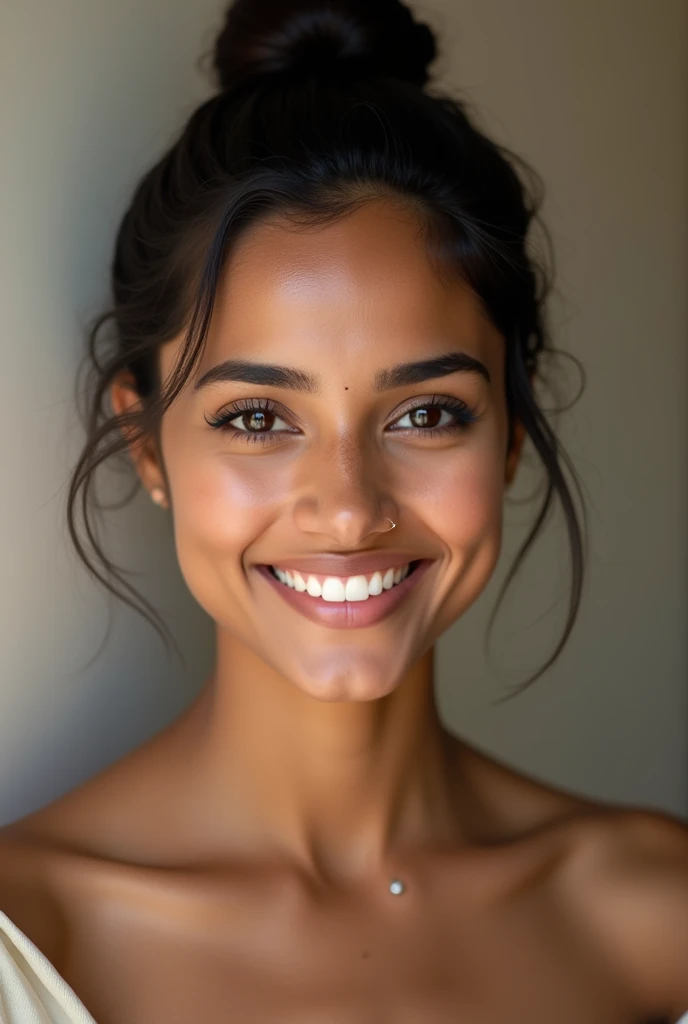 There is a young, Beautiful indian woman, who looks to the future like Katrina Kaif. Smiles into the camera, beautiful teeth. She stands there and looks into the camera, a portrait from raw photo, (bun hairstyle), ((without necklace))
