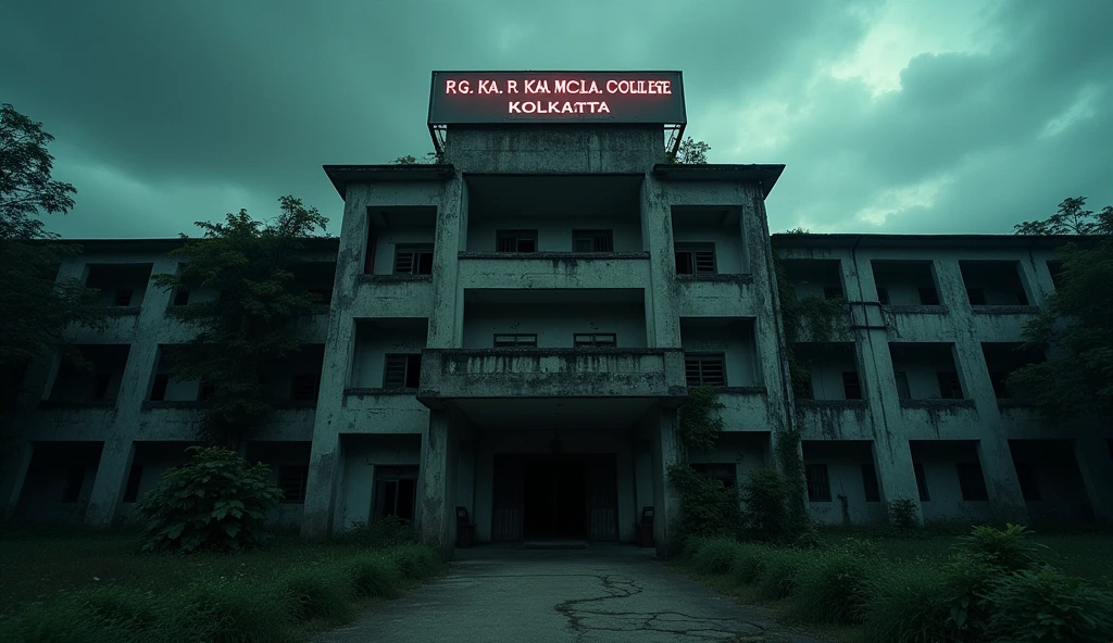 Made a medical college of india and the name of college is 'R G Kar Medical College'. The image is some horror and no any people in the image. Top of the college, a poster hanged because it show the name of college " R G Kar Medical College, Kolkata ". College made of building 
