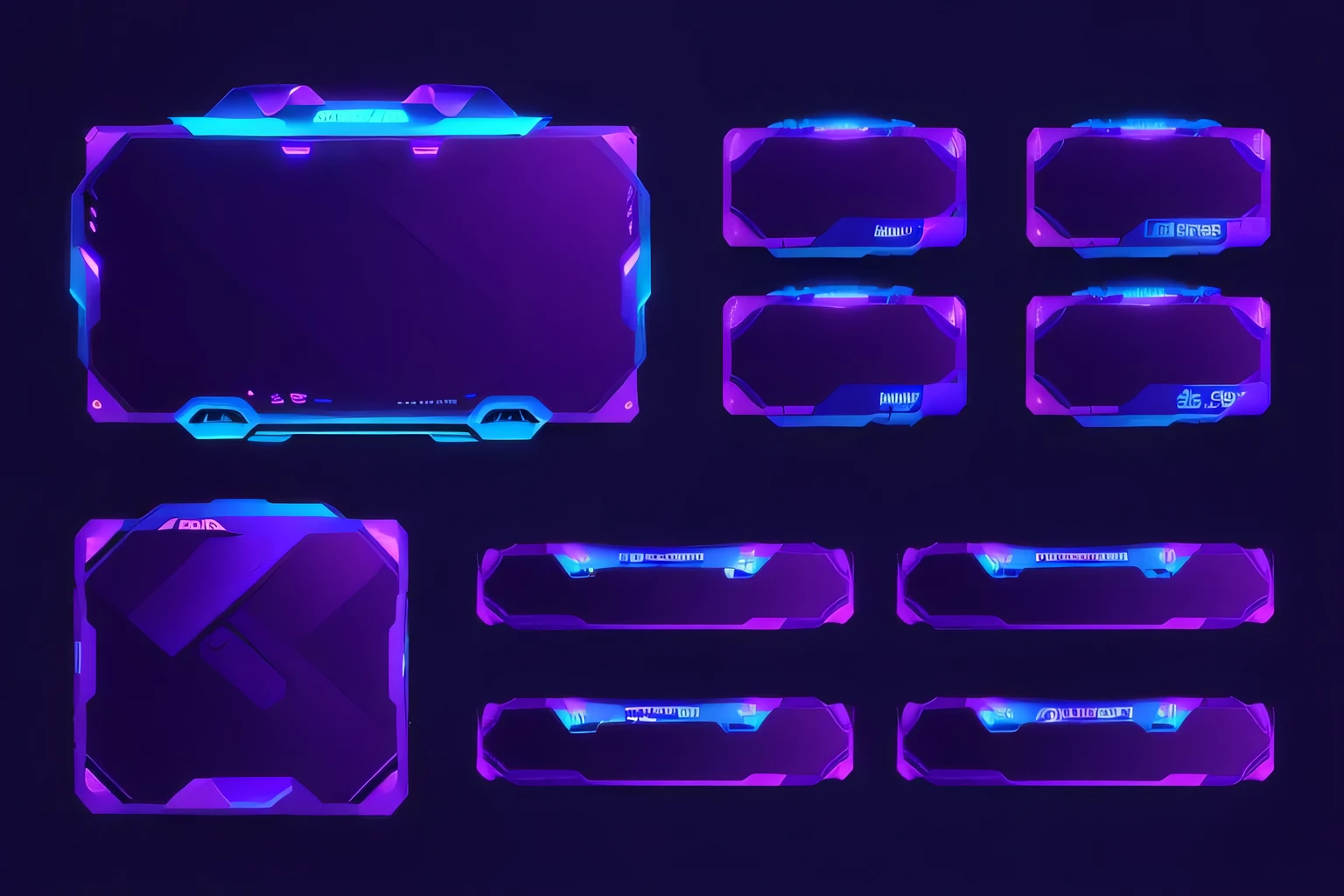 a set of purple and blue futuristic frames with a black background, game overlay, purple and blue neon, game ui asset design, neon blacklight color scheme, in simple background, blue and purple scheme, game asset, purple and cyan lighting, purple and blue neons, neon outlines, game interface, game hud, black and blue and purple scheme, game ui, no text