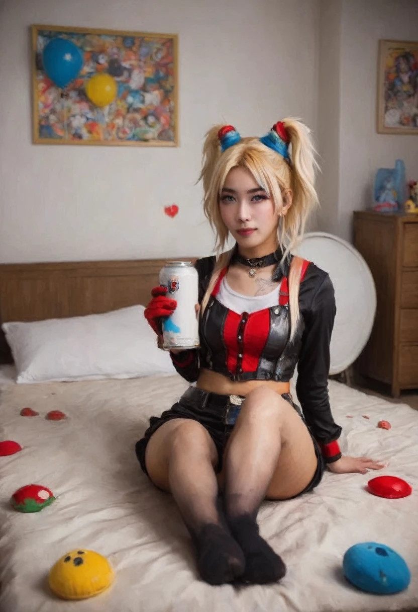 A cute yuna in the role of Harley Quin, acting insane and sexy, trashed bedroom