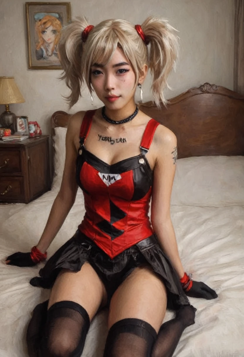 A cute yuna in the role of Harley Quin, acting insane and sexy, trashed bedroom