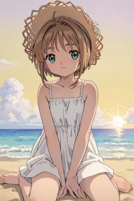 High resolution,masterpiece,Highest quality,Beautiful background,anime, cute,The girl is ,The big sun setting on the horizon, Sunset beach,Flat chest,Plain white camisole dress,Chestnut Hair,Short Bob Hair,barefoot,Green Eyes,White straw hat,Lens flare,Sitting flat on the sand,smile
