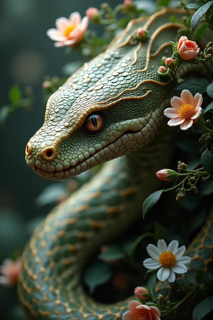 The word "serpent" in tiny snake scale letters, snake head serpent, masterpiece, high quality, Ultra HD, highly detailed, masterpiece, best quality, flowers, vines,