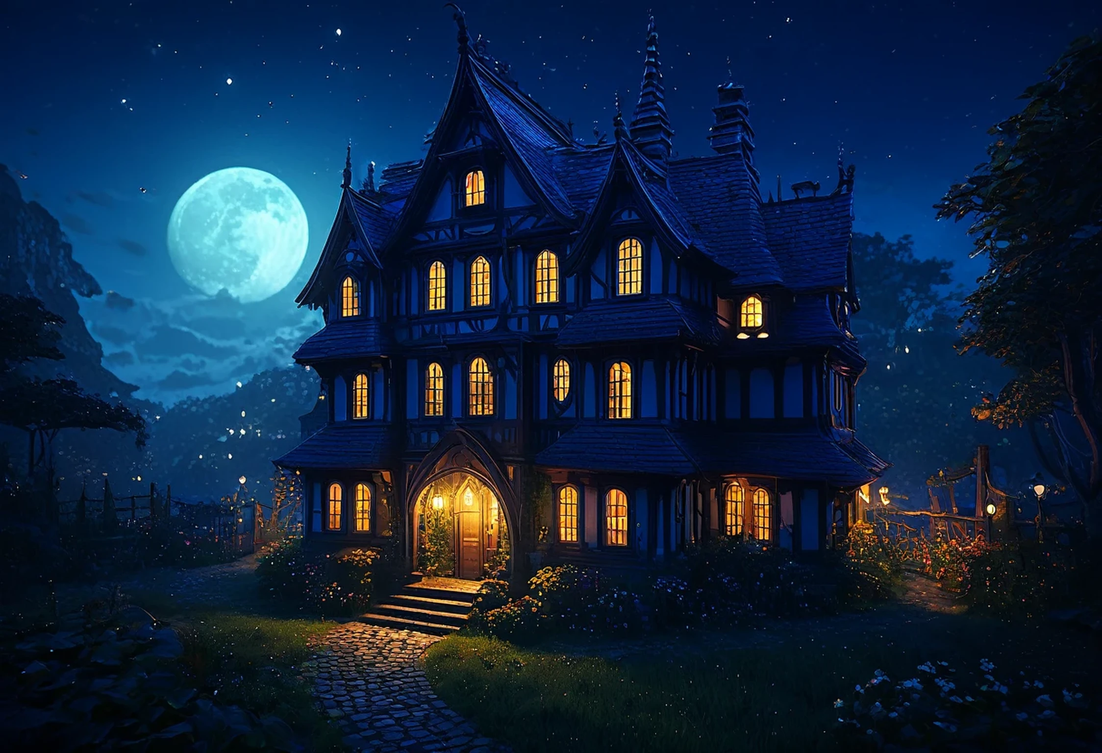 At night, the house with its many windows is brightly lit., fantasy house, Beautiful depiction of a fairy tale, A pleasant and enchanting scene, realistic fantasy render, dark Fantasy Setting, Fantasy Highly detailed, Magical Environment, Andreas Rocha Style, Witch&#39;s hut in the woods, Inspired by Andreas Rocha, Fantasy Setting, A multifaceted cozy izakaya, ultra detailed fantasy
