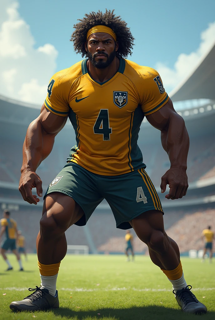 Imagina a Bryan, a defender with an imposing presence on the field. He wears a football shirt with the number 4 on the back.. Her skin is dark and her hair is curly, with well-defined curls that stand out under his cap or bandana. He is in a dynamic posture, perhaps preparing for a clearance or intercepting a pass, with an expression of concentration and determination on his face. Their uniform includes shorts and shin guards., and on their boots you can see the wear and tear of many battles in the field.