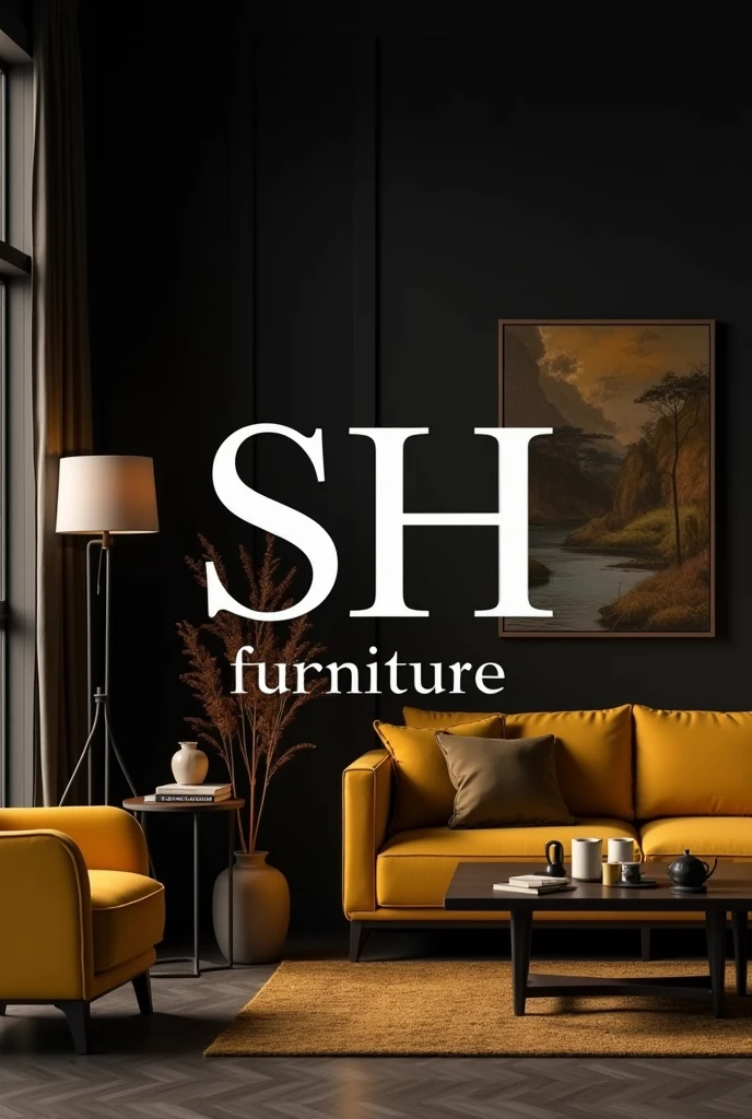 An attractive sales logo , with a le " SH FURNITURE" white and dark yellow and black color background of furniture in a decorated house LIVING ROOM in wood 