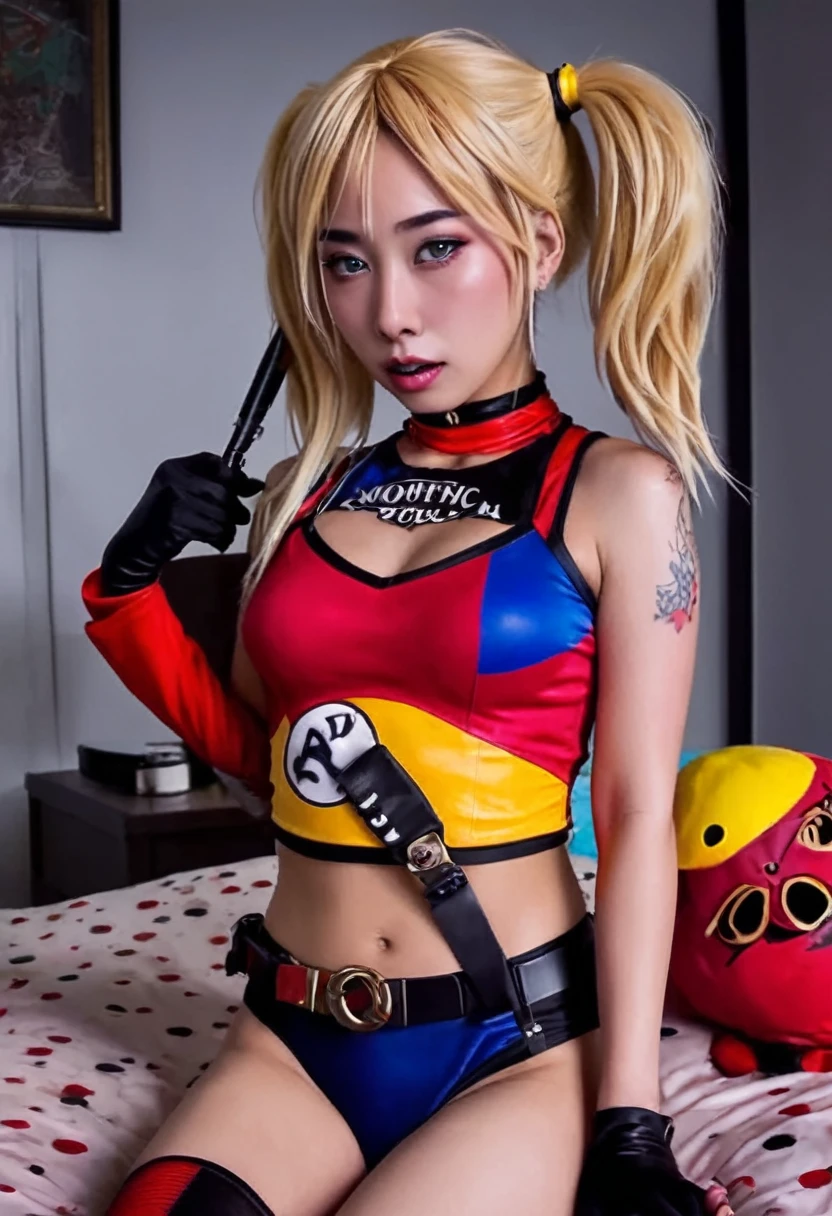 A cute yuna in the role of Harley Quin, acting insane and sexy, trashed bedroom
