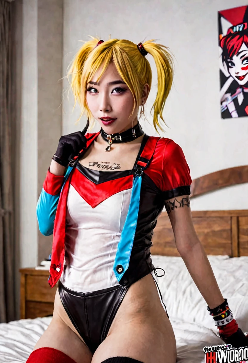A cute yuna in the role of Harley Quin, acting insane and sexy, trashed bedroom
