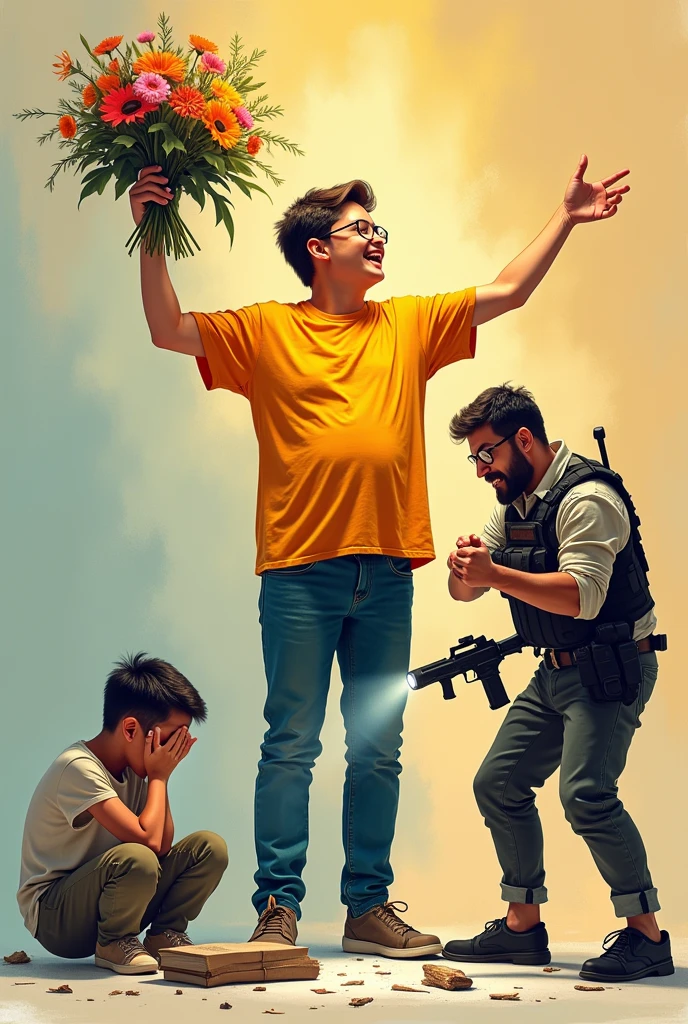make the characters separate 
Happiness:
Pose: Standing tall, arms outstretched holding a bouquet of flowers.
Object: Bouquet of flowers.
Clothing: Brightly colored shirt, symbolizing joy.

2.) Fear:
Pose: Crouched, body tense, arms raised defensively.
Object: Flashlight held tightly.
Clothing: ripped t-shirt, indicating distress.

3.) Sadness:
Pose: Sitting, head in hands, shoulders slumped.
Object: Book, perhaps a favorite or comforting read.
Clothing: Neutral colors, suggesting a subdued emotional state.

4.) Alertness:
Pose: Standing, body tense, aiming a gun.
Object: Gun.
Clothing: Tactical gear, indicating a state of readiness.

5.) Anger:
Pose: Standing, fists clenched, leaning forward aggressively.
Object: Broken table (or pieces of it) scattered around.
Clothing: Torn or wrinkled clothing, suggesting a violent outburst.

Make the 5 characters the same while holding different objects per number 