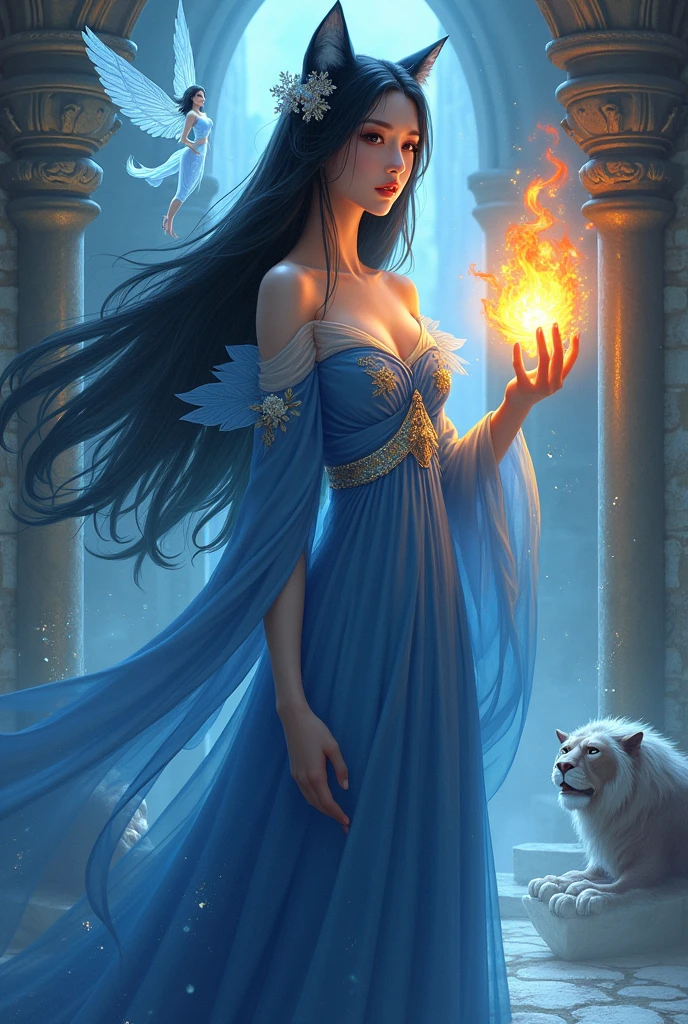 Asian Witch,black hair,Blue body,cat ears,Long slender fingers,straight face,Ice Creation ,Holding a fireball,Fairy flies behind,There is a griffin,There is a lion.,Magic Castle