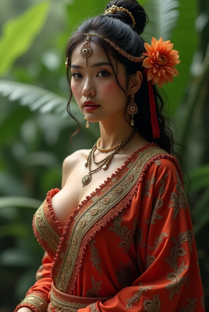 a beautiful woman wearing traditional Balinese clothes with large breasts showing her armpits