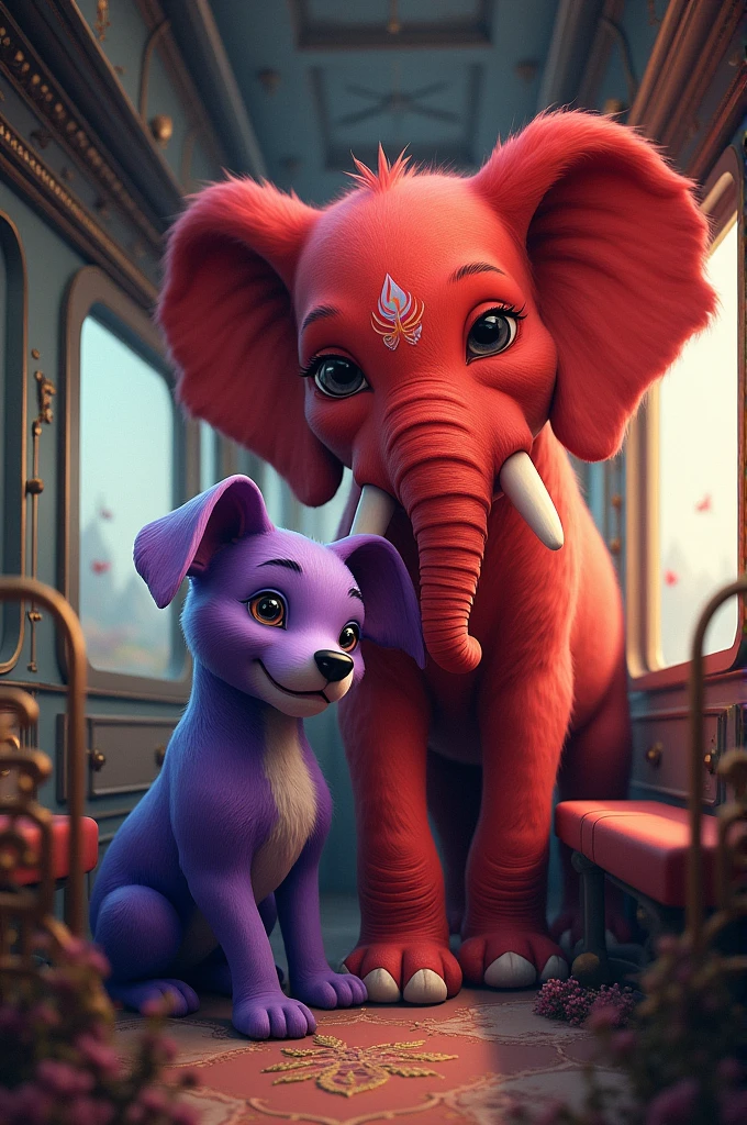 Purple dog with red elephant in train 