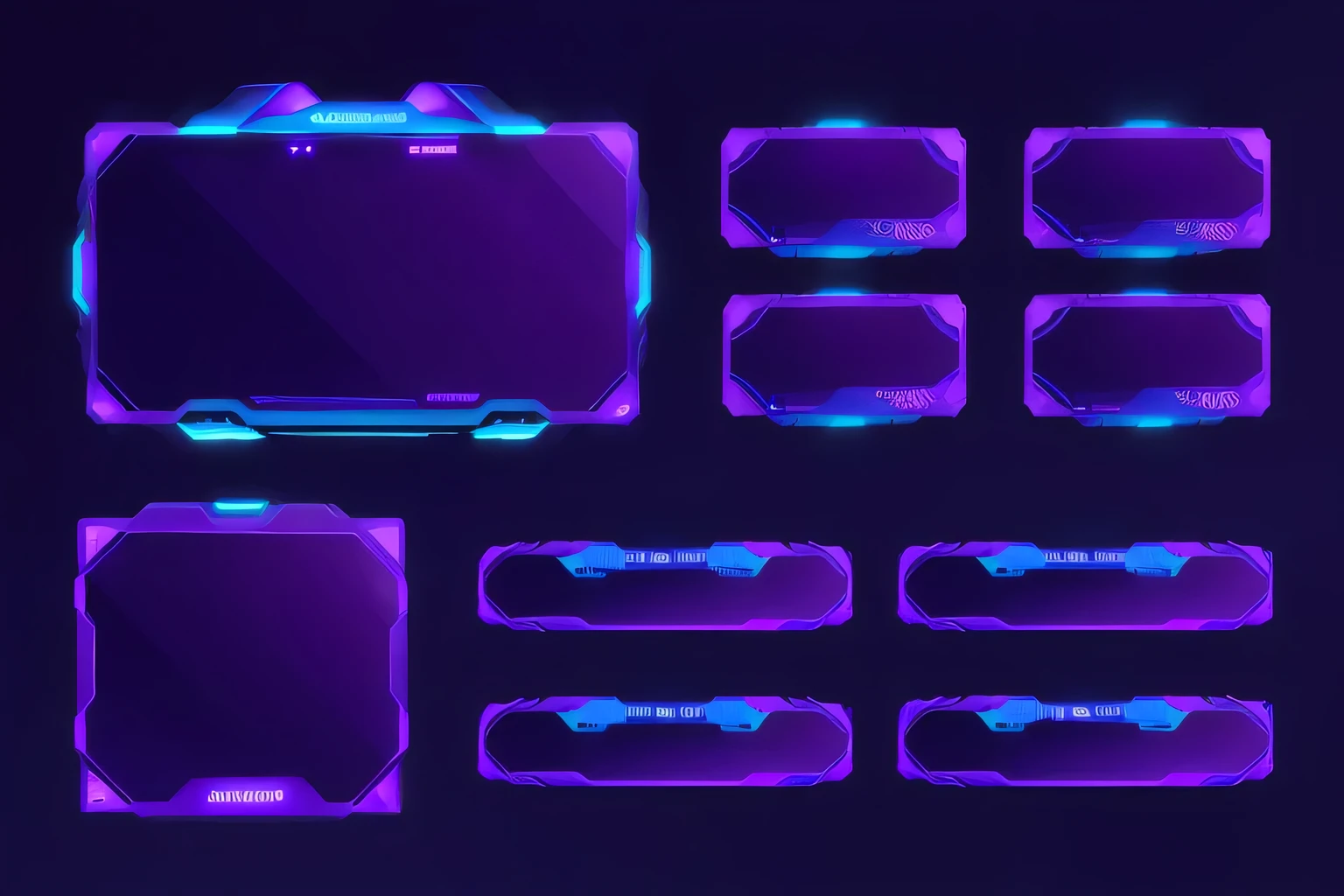 a set of purple and blue futuristic frames with a black background, game overlay, purple and blue neon, game ui asset design, neon blacklight color scheme, in simple background, blue and purple scheme, game asset, purple and cyan lighting, purple and blue neons, neon outlines, game interface, game hud, black and blue and purple scheme, game ui, no text