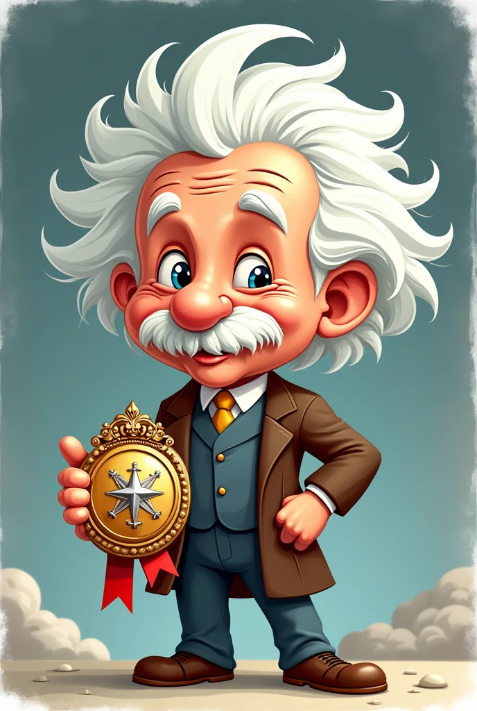 Cartoon of Albert Einstein holding a badge