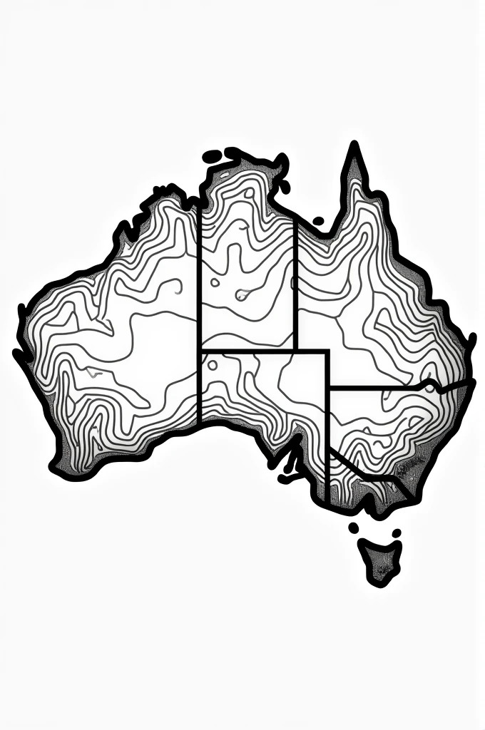 Create a colouring page for the continent Australia with the outlines of the rivers the mountains