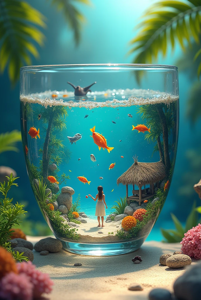 The word "Mucuri" should be large and eye-catching,Composed of aquatic organisms,Stand out in underwater environments。The text "GaetanoArt" should be prominently integrated into the tropical landscape,Clearly visible on the beach,Blend in with your surroundings。The scene includes a magical transparent genie lamp,Represents the microscopic world inside。The infinity edge of the cup creates a seamless connection between the microscopic world and the larger macroscopic world.。Tropical beach scenes still stand out,Take the hut、Featuring soft sand and vibrant tropical foliage。Marine Life,Including beautiful tropical fish,Interact with this magical environment,Enhanced balance between marine and tropical elements。Small tropical birds add life and energy to the scene,And tiny human figures—beautiful women and children—interact joyfully with the land and sea.。This lamp presents a transparent view of a mysterious microscopic world,Reflects tropical and marine environments