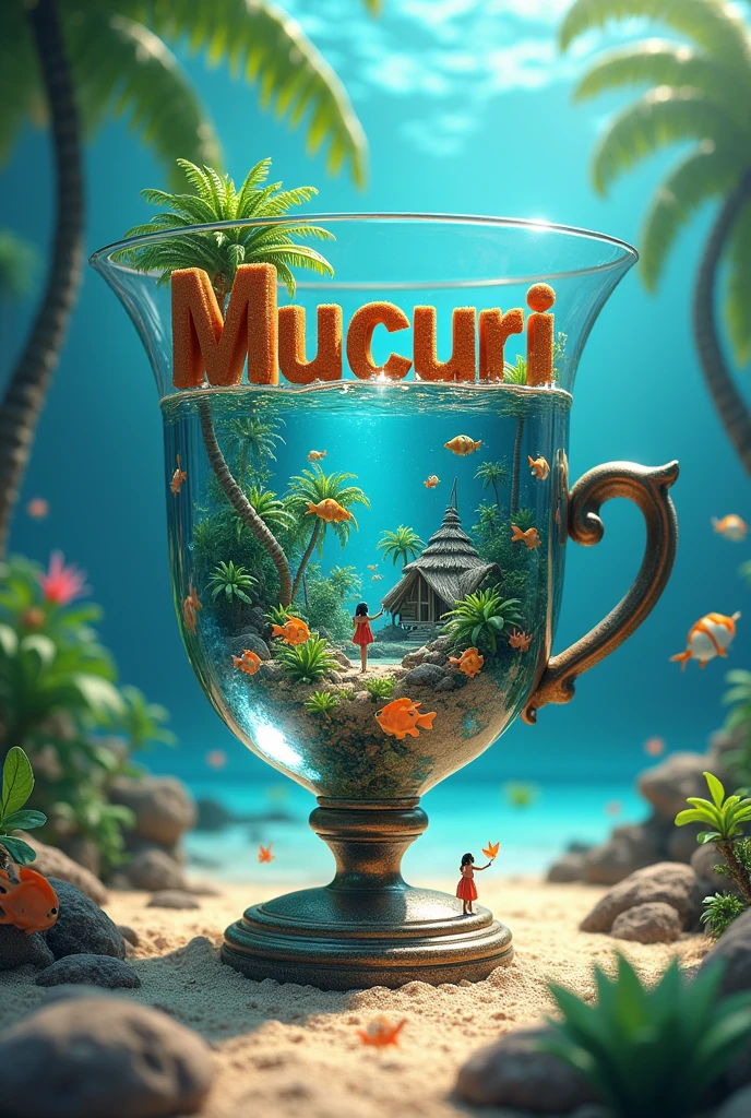 The word "Mucuri" should be large and eye-catching,Composed of aquatic organisms,Stand out in underwater environments。The text "GaetanoArt" should be prominently integrated into the tropical landscape,Clearly visible on the beach,Blend in with your surroundings。The scene includes a magical transparent genie lamp,Represents the microscopic world inside。The infinity edge of the cup creates a seamless connection between the microscopic world and the larger macroscopic world.。Tropical beach scenes still stand out,Take the hut、Featuring soft sand and vibrant tropical foliage。Marine Life,Including beautiful tropical fish,Interact with this magical environment,Enhanced balance between marine and tropical elements。Small tropical birds add life and energy to the scene,And tiny human figures—beautiful women and children—interact joyfully with the land and sea.。This lamp presents a transparent view of a mysterious microscopic world,Reflects tropical and marine environments
